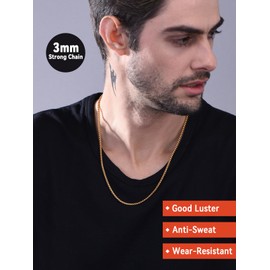 FaithHeart 3-6 mm Unisex Box Venetian Briolette Chain Link Necklace Solid Curb Chain, Gift for Husband / Friend in Black Gold, Stainless Steel