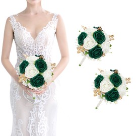 Wedding Bridesmaid Bouquet Set of 2 - Artificial Flowers Bouquets for Bridesmaids Pre-made 7 Inch Faux Small Floral Bouquets Bridal Shower, Wedding, Ceremony, Anniversary - Emerald & White & Gold