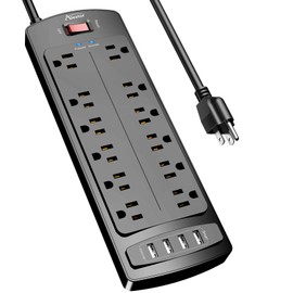 Power Strip, ALESTOR Surge Protector with 12 Outlets and 4 USB Ports, 6 Feet Extension Cord (1875W/15A), 2700 Joules, ETL Listed, Black
