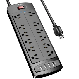 ALESTOR 6 Ft Surge Protector Power Strip with 12 Outlets and 4 USB Ports | 2700 Joules, 6 Feet Heavy Duty Extension Cord with Multiple Outlets for Home, Office, Dorm Room, ETL Listed, Black