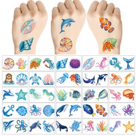 100PCS Ocean Sea Animal Shark Whale Fish Temporary Tattoos for Kids | Super Cute Themed Birthday Party Favors, Supplies, Decorations, Fake Tattoo Stickers (Marine Organisms-B)