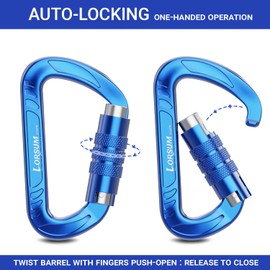 Lorsum Auto Locking Carabiner Clips Heavy Duty, 12KN /1227kg Lightweight (1.0oz), Sturdy Twist Lock Caribeeners for Camping Hiking Hammock Swing Backpack, Dog Leash and Harness etc, 2 Pack Blue