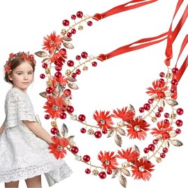 2 piezas de diadema con flores de margaritas rojas y perlas con diamantes de imitación, diadema de flores, corona floral para el cabello, tocado para novias, mujeres, niñas, fiesta de bodas h