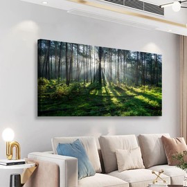 Nature Canvas Wall Art Bedroom Wall Decor Living Room,Forest Wall Art Office Kitchen Paintings Artwork Modern Sunlight Green Forest Scenery Pictures Art Prints Waterproof Ready to Hang-20x40inch