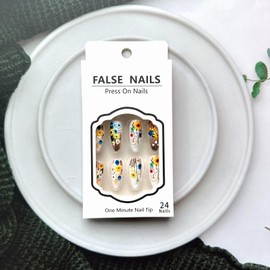 Flowers Press on Nails Almond Fake Nails 5D Embossed Colorful Floral Design False Nails Cute Small Flower Glue on Nails Full Cover Spring Summer Flower Stick on Nails for Women Manicure Decoration