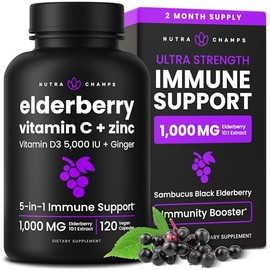 Elderberry Capsules | 1000mg Sambucus Elderberry with Zinc and Vitamin C for Adults + Vitamin D3 5000 IU & Ginger | 5-in-1 Antioxidant Immune Support 