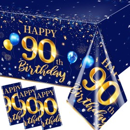 GREHUMOR 90th Birthday Decorations Men-3pcs Navy Blue Birthday Table Covers Rectangle Waterproof Plastic Gold Blue Birthday Tablecloth