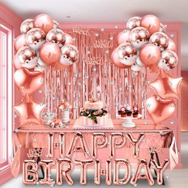 Rose Gold Birthday Party Decoration, Happy Birthday Banner, Rose Gold Fringe Curtain, Foil Tablecloth, Heart Star Foil Confetti Balloons plus 10g Table Confetti for Girl Women Birthday Party