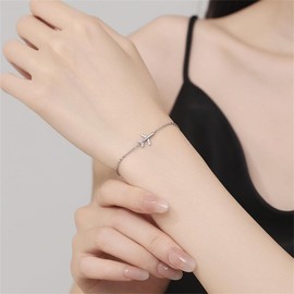 Cubic Zirconia Airplane Bracelet for Women 925 Sterling Silver Fly Plane Delicate Bracelets Minimalist Adjustable Statement Hypoallergenic Chain Jewelry (Silver)