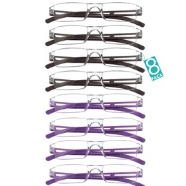VisionGlobal 8 Pairs Reading Glasses, Blue Light Blocking Glasses, Computer Reading Glasses for Women and Men, Fashion Square Eyewear Frame (4brown+4purple,+2.00 Magnification)