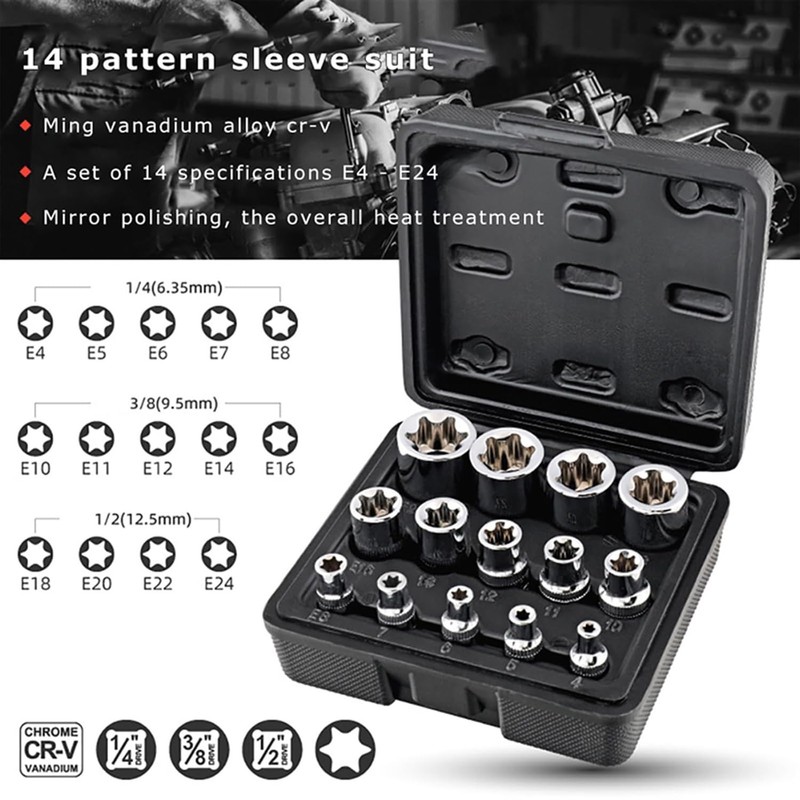 Hniuyun 14Pcs Female E-Torx Star Socket Set, 1/4, 3/8, 1/2