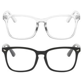 OWL Blue Light Blocking Glasses, 2 Pack Square Adult Computer Use Fake Eyeglasses, Unisex Adult Squared Frame, Screen Time and Gaming Specs with Microfiber Pouches (Transparent, Black)
