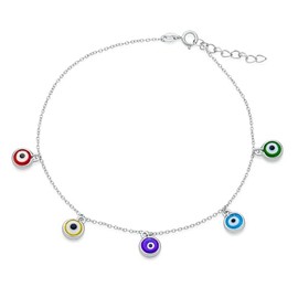 Bling Jewelry Protection Amulet Minimalist Delicate Dangling Multi Color Evil Eye Anklet Ankle Bracelet for Women Teen .925 Sterling Silver -9-10 Inch Adjustable