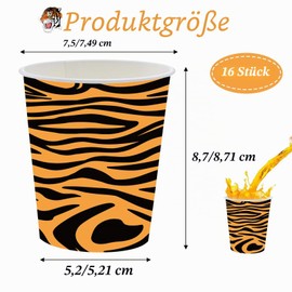 POPOYU Pack of 16 Disposable Paper Cups with Tiger Print Safari Paper Cups with Animal Print Tiger Textured Paper Cups for Kids Birthday Party, Baby Shower, Jungle Safari Theme Party Decoration