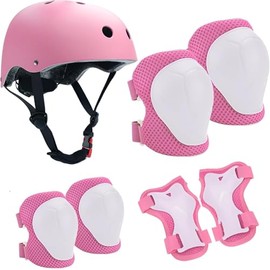 KATLKIU Kinder Schutzhelm Set mit verstellbarem Helm, Knieschützer, Ellbogenschützer und Handballenauflage für Skating, Fahrrad, Inlineskaten, Roller und andere Outdoor-Sportarten (Rosa)