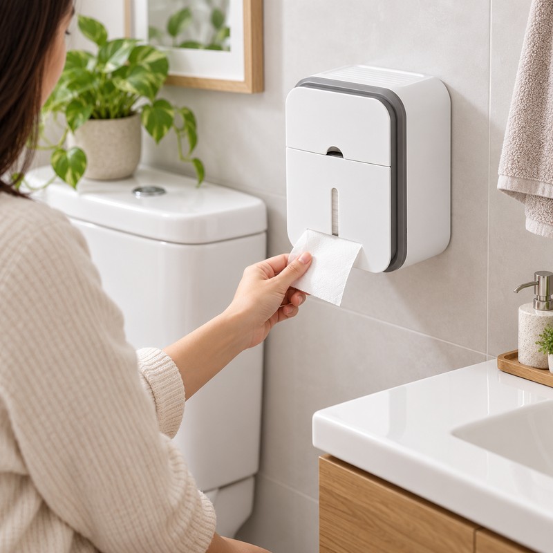 Gray Toilet Paper Holder for Bathroom Storage – No-Drill Wall-Mounted