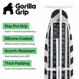 GORILLA GRIP The Original Ironing Board Cover and Pad, Silicone Coating, Thick Scorch Resistant Padding, Heavy Duty Iron Covers Standard Boards, Hook and Loop Fastener Strap, Chevron, 15x54