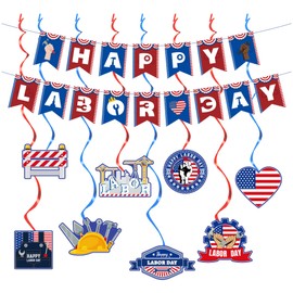 17 Pcs Happy Labor Day Decorations Set with Labor Party Decoration Happy Labor Day Hanging Swirls Decoration Labor Day Banner for Labor Day Holiday Party Supplies Style A