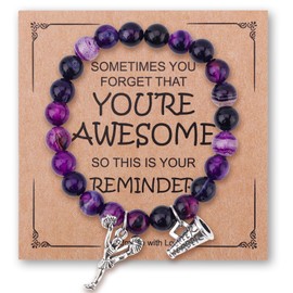 Mikovivi Cheer Bracelet, Purple Agate Smooth Cheerleading Beaded Bracelet Charming Mysterious Cheerleader Gifts with Encouragement Card Cheer Stuff with Cheerleader Pendant for Cheering Squad