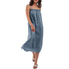 Amazhiyu Women 100% Linen Summer Spaghetti Strap Midi Beach Dresses with Pockets Denim, Small