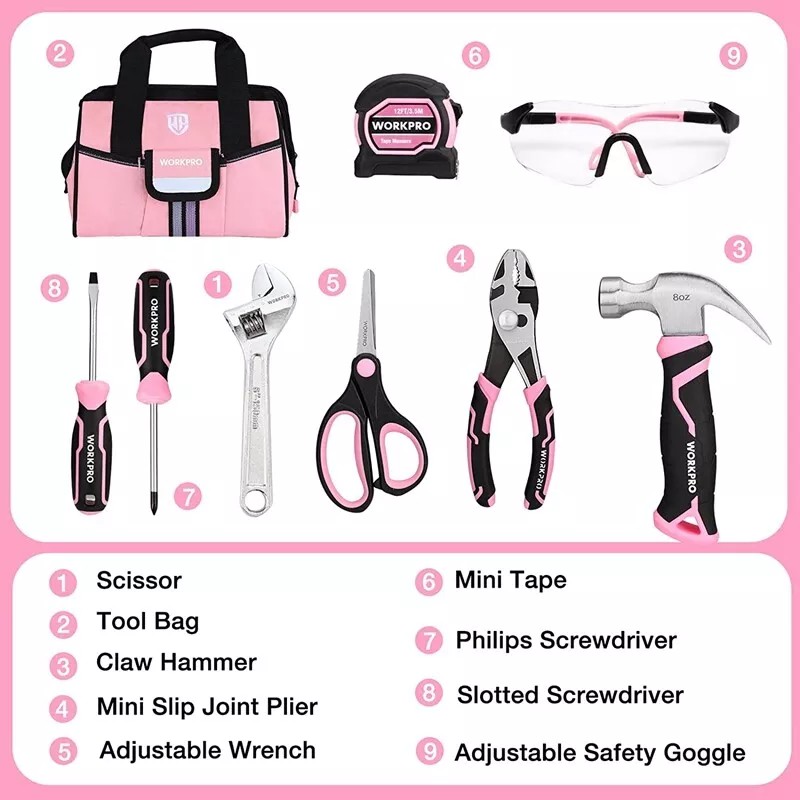 WORKPRO 9-Piece Kids Real Hand Tool Set Pink Junior Tool