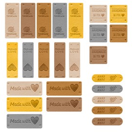 Handmade Labels, 25 Pack Made with Love Labels PU Leather Hand Made Labels Embossed Hand Made with Love Labels Handmade Tags for Crochet, DIY, Sewing (Yellow Brown)