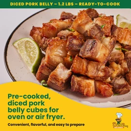 DELE FOOD Diced Pork Belly Chicharron, 1.2 lbs – Pre-Cooked Panceta de Cerdo Cubes for Oven or Air Fryer – Gourmet Chicharrones with Pork Fat and Meat – Ready to Bake, Crisp, and Serve