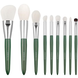 Natural Goat Hair Makeup Brushes Set Labeled 9 Piece Face and Eye Brush Set Ultra soft hair Foundation, Concealer, Blush, Contour, Blending, Eyeshadow Kabuki travel makeup brush set (green)