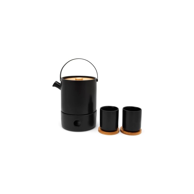Bredemeijer Black Ceramic Tea Mugs with Wooden Coaster Set of