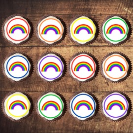 48 PRECUT Rainbow Cupcake Toppers, 3cm Rainbow Edible Wafer Discs, Premium Thickness SWEETENED VANILLA Wafer Card Mini Cupcake Decorations, Stand Up/Lie Flat