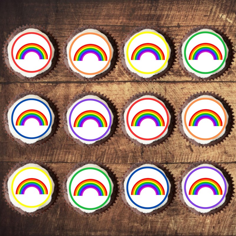 48 PRECUT Rainbow Cupcake Toppers, 3cm Rainbow Edible Wafer Discs,