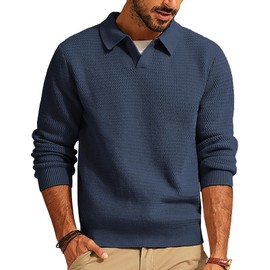 PJ PAUL JONES Mens Sweater V Neck Pullover Polo Sweater Cable Knit Long Sleeve Casual Fall Sweater Navy Blue