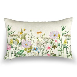 WCYYWGO Spring Throw Pillows Flowers And Grass Pillow Cover Sofa Lumbar pillowcase 12x20 Set of 1 Linen Farmhouse Decor Home Decor Pillowcase Indoor Outdoor Sofa Cushion Covers Chair Back Pillow Cover