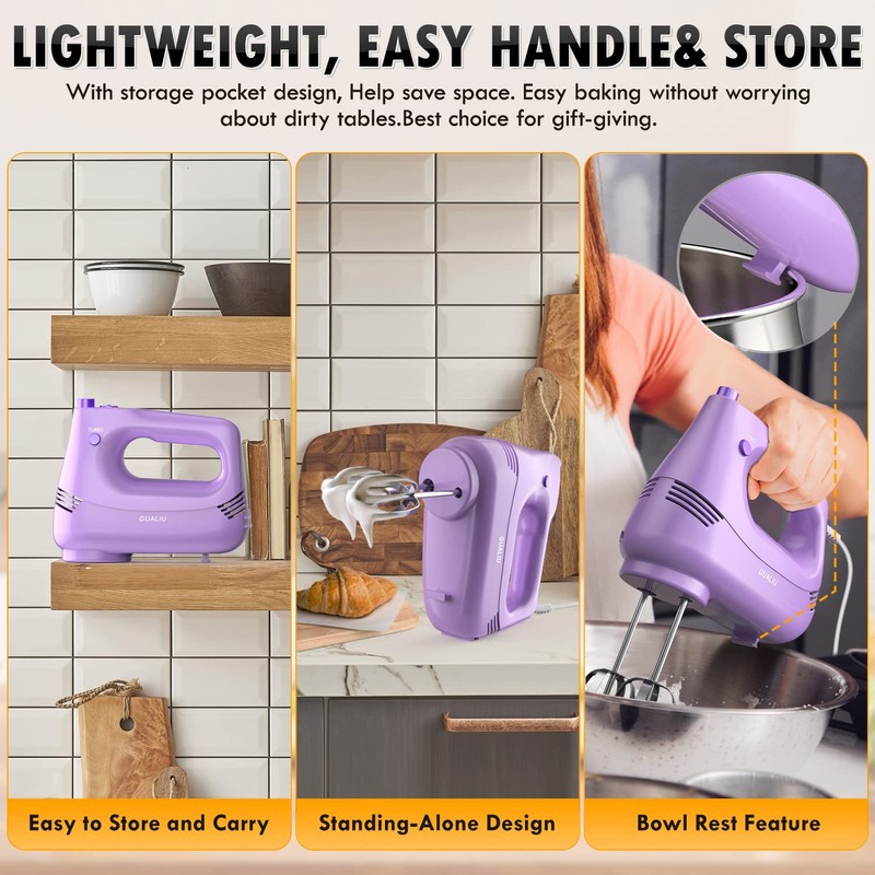 Electric Hand Mixer with Stainless Steel Whisk, Dough Hook Attachment