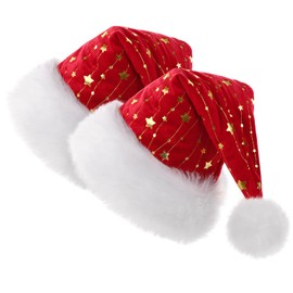 CITÉTOILE Pack of 2 Plush Christmas Hats for Adults, Santa Hat for Men and Women with Gold Foil Stars, Soft Lined Luxury Velvet Santa Hats, Red and Red