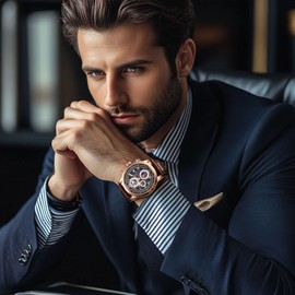 LIGE Mens Watches Waterproof Analogue Vintage Chronograph Quartz Gents Watch Brown Leather Strap Wrist Watch for Men with Date and Moon Phase Design - Elegant Watches for Men's Gifts (Gold Black)