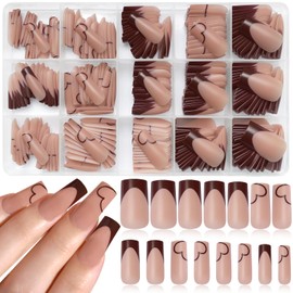 LuckForever 300Pcs Brown Heart-shaped Pattern Press On Nails Square Medium Press on Nail Square Fake Nail French Nail Tip Full Cover Acrylic Artificial False Nail Tips Stick Glue on Nail for Women