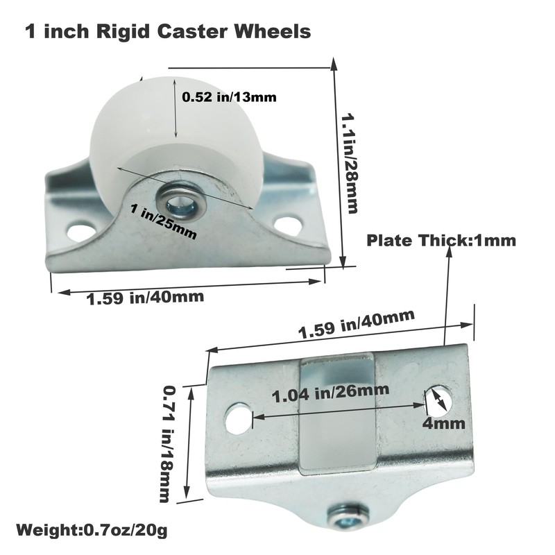 Floyutin 1 inch Rigid No-Swivel Plate Casters Small Rubber Wheels