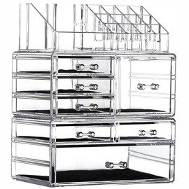 Clear Acrylic Makeup Organizer for Vanity,Countertop,Stackable 7 Drawers Bathroom Skincare Organizer with Brush Holder,Large Skin Care Organizer for Jewelry,Beauty Product Lipsticks,Nail Polishes