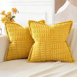 JOTOM Corduroy Soft Striped Boho Decorative Throw Pillow Covers 50x50 cm Splicing Cushion Covers 20x20 Inch Cushion Case Pillowcase for Couch Sofa Living Room Home Decor Set of 2 (Mustard Yellow)