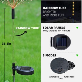 YOTOZU 2 PCS Solar Firework Light with Rainbow Tube, 120 LEDs Outdoor Solar Garden Decorative Lights IP65 Waterproof String DIY Landscape Light for Pathway (Warm-White)