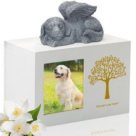 DiDiBirDi Pet Urn for Dog Ashes, Tree Pattern Wooden White Keepsake with Photo Frame, Memory Box with Resin Animal Statue and Sealed Storage Bags (75lbs)