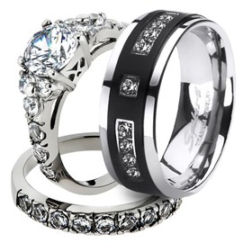 Marimor Jewelry His and Her Stainless Steel 2.50 Carat Cubic Zirconia Bridal Set and Men's Titanium Wedding Band Women's Size 07 Men's Size 11