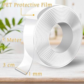 2 Rollos 5M Nano Cinta Doble Cara (con tijeras pequeñas),Reutilizable tape doble cara uso rudo,Cinta de gel cara lavable que no deja marcas,para Cocina,Pared, Alfombra,Fijación Cartel etc. (Blanco)