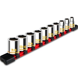 10 PCS 3/8-Inch Drive Shallow Socket Set, Standard SAE, 5/16"- 7/8", 6 Point, Embossed and Painted Marking, Mirror Chrome Finish,Cr-V Steel With Rail