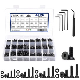1500pcs Screws Assortment , M2 M3 M4 M5 10.9 Grade Alloy Steel Hex Flat Head Cap Bolts Nuts Washers Assortment Kit with Hex Wrenches, A Black Hex Flat Head Cap Bolts, (M2-M5-1500)