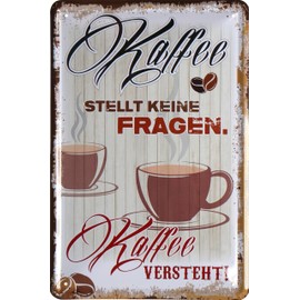 WOGEKA ART Retro Tin Sign Coffee Ask No Questions Funny Saying as Gift Idea for Decoration, 20 x 30 cm, Metal in Vintage Design 1274
