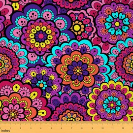Mandala Flower Waterproof Fabric by The Yard Watercolor Retro Bohemian Floral Plant Home DIY Fabric by The Yard Cartoon Cute Geometry Boho Style Upholstery Fabric for Arts Craft Quilting Sewing,1 Yard