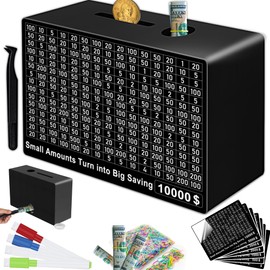 10000 Savings Challenge Box, Money Saving Box Cash Vault Wooden Money for Cash 10,000 $5000 $3000 Target 10k Reusable Counter Bank for Kids and Adults（Black）