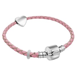 23cm XX Large Womens Leather Starter Charm Bracelet with Silver Heart and Gift Box valentines gifts for her (7. Pink)